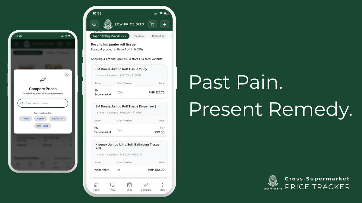 Past Pain. Present Remedy. Low Price Dito grocery price comparison tool showing search field and live results from multiple supermarkets.